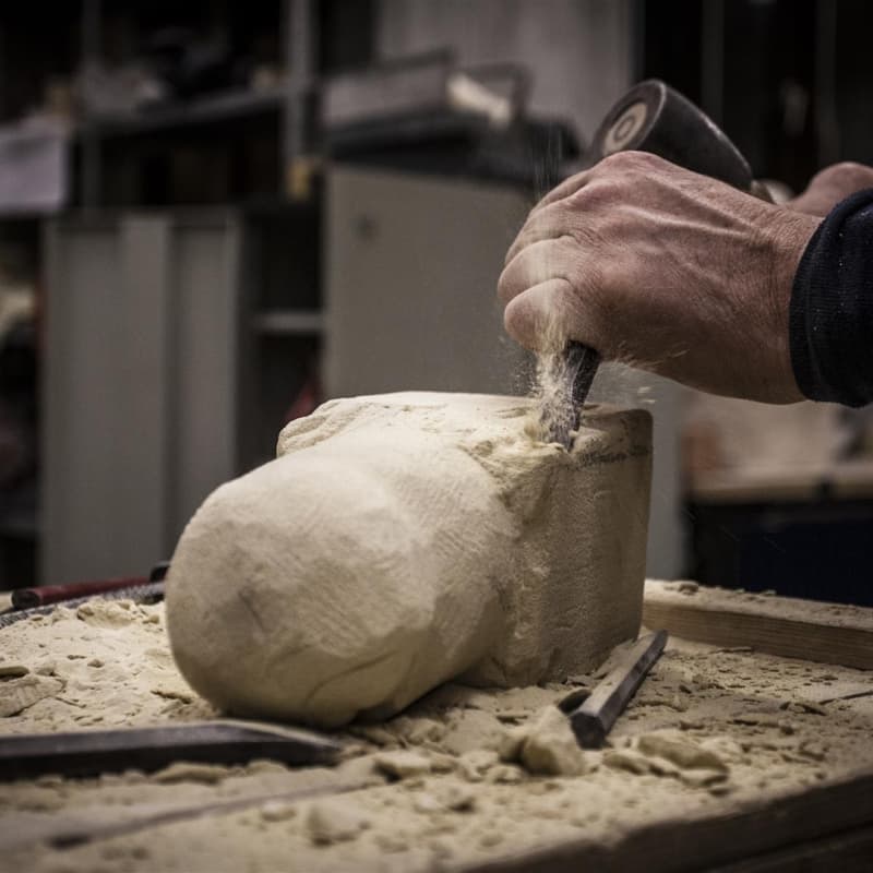 iemand aan het beeldhouwen met een hamer