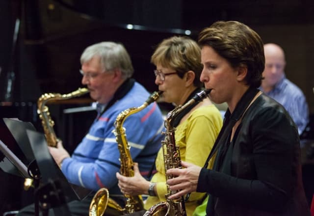 Saxofoon, volwassenen die naast elkaar aan het spelen zijn